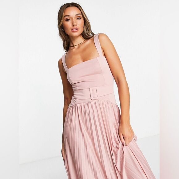 ASOS DESIGN square neck belted pleated maxi dress in rose - PINK Size 4 - Picture 4 of 10